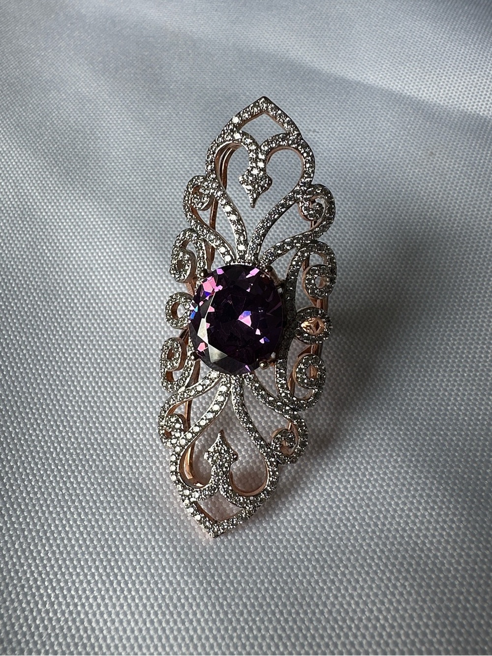 Rose Gold Rhinestone Filigree Ring with Purple Center Stone